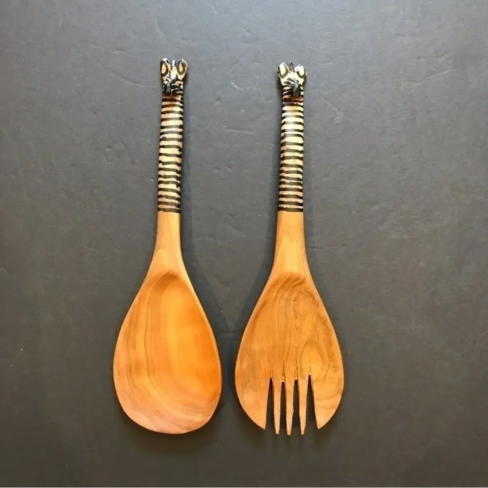 African Hand Carved Wooden Zebra Serving Spoons, Two Piece Set